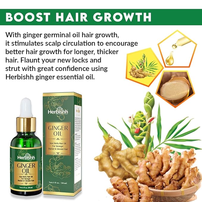 Herbishh Ginger Essential Oil (2 x 30ml) for Hair Growth, Non Sticky, Hair Growth Serum Oil for Thicker, Strong and Glossier Hair, with Dropper