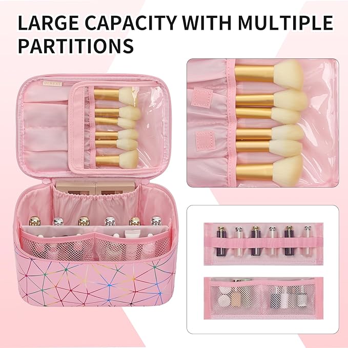 OCHEAL Makeup Bag - Portable Large Capacity Travel Cosmetic Case for Women with Handle and Divider Toiletry Organizer for Girls on the Go -Geometric Pink