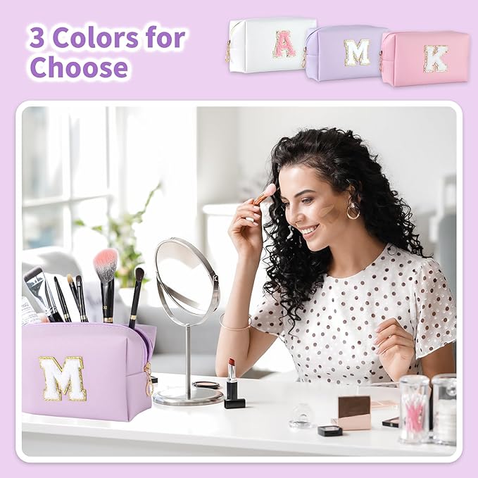 MSQ Personalized Makeup Bag Initial A-Z Patch Bag, PU Leather Cosmetic Bag Pouch Travel Toiletry Bag with Zipper, Gift Ideal for Teen Girls Friend Mom Women Birthday (Purple M)