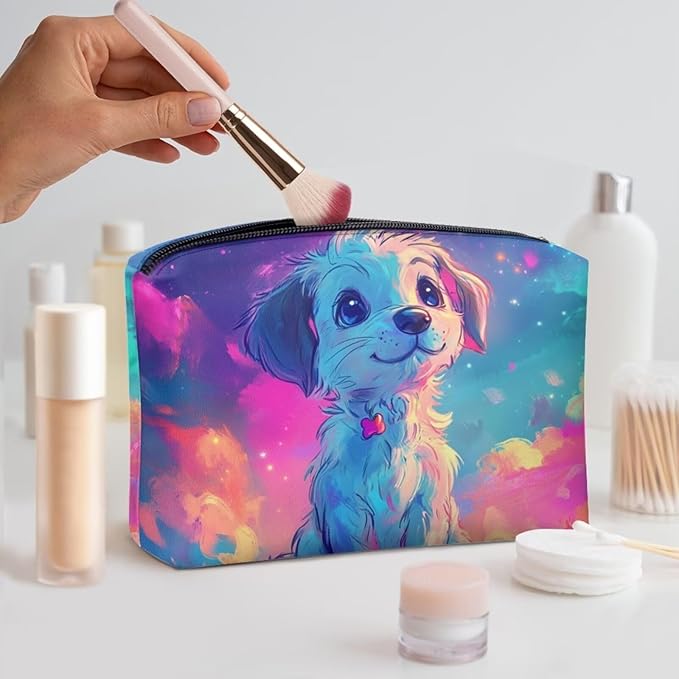 COEQINE Leather Cosmetic Bag for Women Travel Makeup Bag Waterproof Cosmetic Purses for Women Wedding Party Purse With Zipper Portable,Cute Dog Starry Sky Neon Pattern