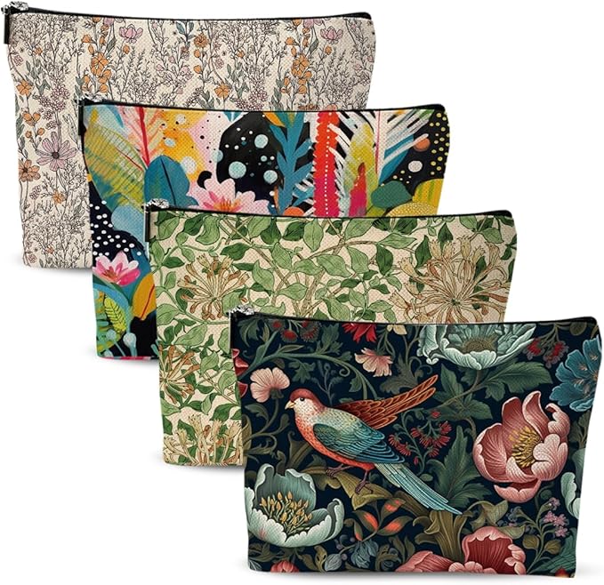 4 Pcs Cosmetic Bags for Women Makeup Bag, Thank You Gifts Christmas Birthday Friendship Gifts for Girls Friends Bestie Grandma Teacher Travel Toiletry Bag, Vintage Abstract Botanical Flower Bird