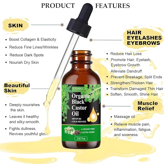 Hair Oil, Black Castor, 100% Pure Natural Organic, Cold Pressed, Hair Growth, Eyebrow & Skin Care, Body & Carrier Oil, 4.04 Fl Oz, 2 Glass Bottles