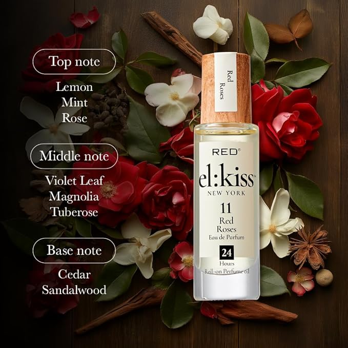 EL:KISS Roll On Perfume, Red Roses Inspired by Jo M Eau de Parfum 12mL (.40 Fl Oz), Hydrating & Long-Lasting, Alcohol-Free & Mineral Oil-Free, Infused with Jojoba, Argan & Coconut Oil