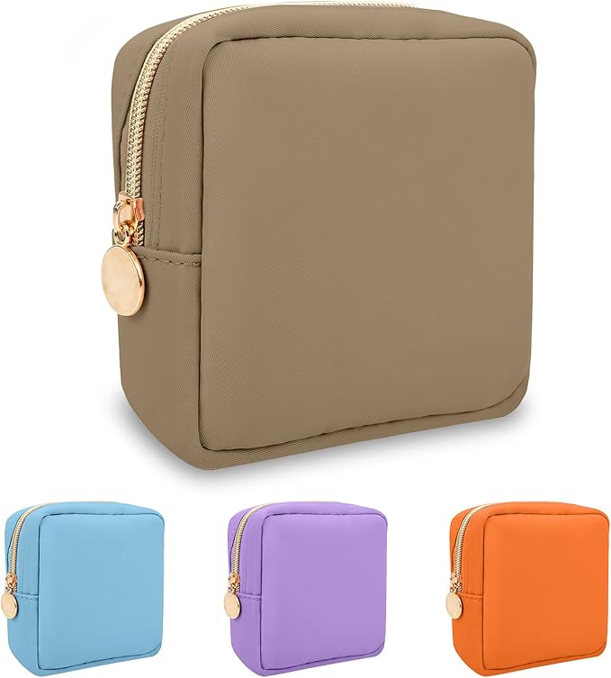 Nylon Mini Makeup Bag for Purse, Preppy Small Cute Makeup Bag Cosmetic Zipper Pouch Purse, Waterproof Travel Coin Pouch Sanitary Napkin Storage Bag Clutch Makeup Organizer Pouch for Women Girls(Khaki)