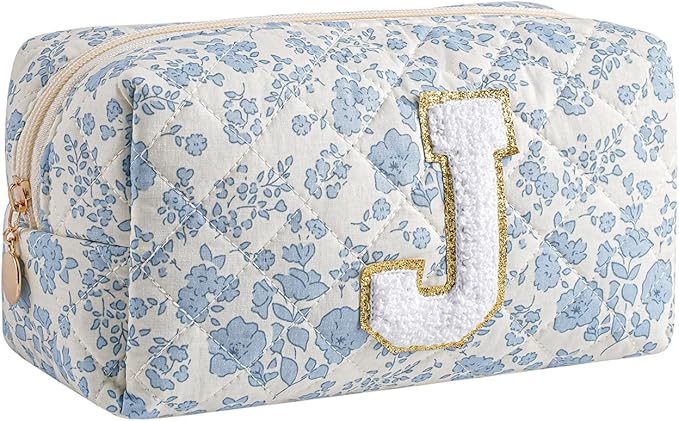 Gleyemor Personalized Initial Makeup Bag for Women, Cute Quilted Blue Floral Cotton Cosmetic Bag, Christmas Gifts for Her Mom Friend Sister Bridesmaid Teacher Women J