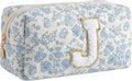 Gleyemor Personalized Initial Makeup Bag for Women, Cute Quilted Blue Floral Cotton Cosmetic Bag, Christmas Gifts for Her Mom Friend Sister Bridesmaid Teacher Women J