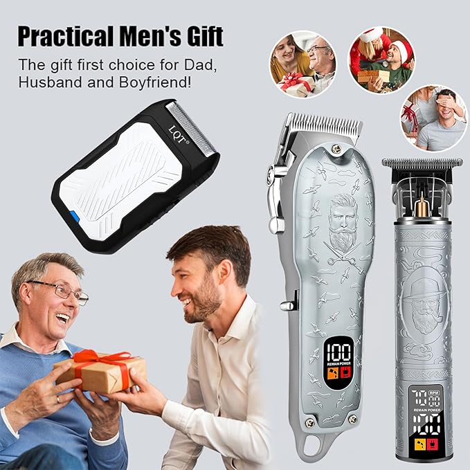 Professional Silver Hair Clippers for Men Cordless Barber Kit with Trimmer, Stainless Steel Blades, Adjustable Lever, LED Display, Type-C Charging Grooming Set Gifts,Ideal for Home Baber & Travel