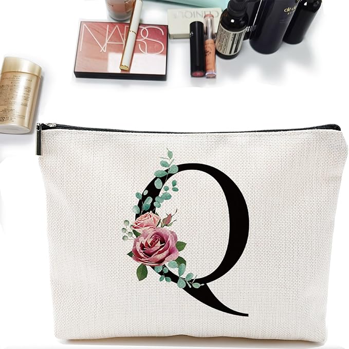 Initial A-Z Personalized Letter Makeup Bag, Monogrammed Bridesmaid Gifts/Presents Cosmetic Bag, Portable Stationery Storage Organizer Pouch, Friendship Love Travel Makeup Bags