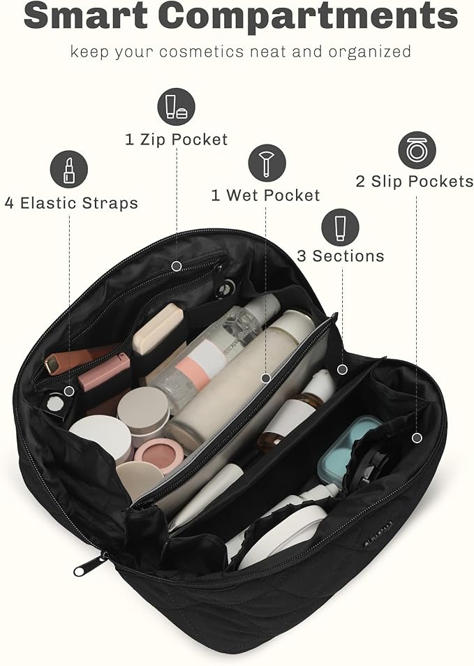 Hynes Eagle Travel Makeup Bag for Women Puffy Cosmetic Organizer Pouch Open Flat Toiletry Bag for Toiletries, Brushes Black
