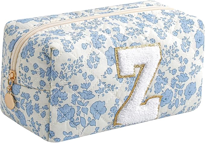 Gleyemor Personalized Initial Makeup Bag for Women, Cute Quilted Blue Floral Cotton Cosmetic Bag, Christmas Gifts for Her Mom Friend Sister Bridesmaid Teacher Women Z