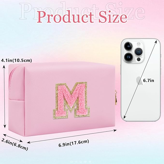 Small Personalized Glitter Initial Letter Makeup Bag, Cute PU Leather Chenille Letters Cosmetic Bag Travel Makeup Pouch, Preppy Travel Organizer Zipper Pouch for Women&Girls（PinkPink-M）