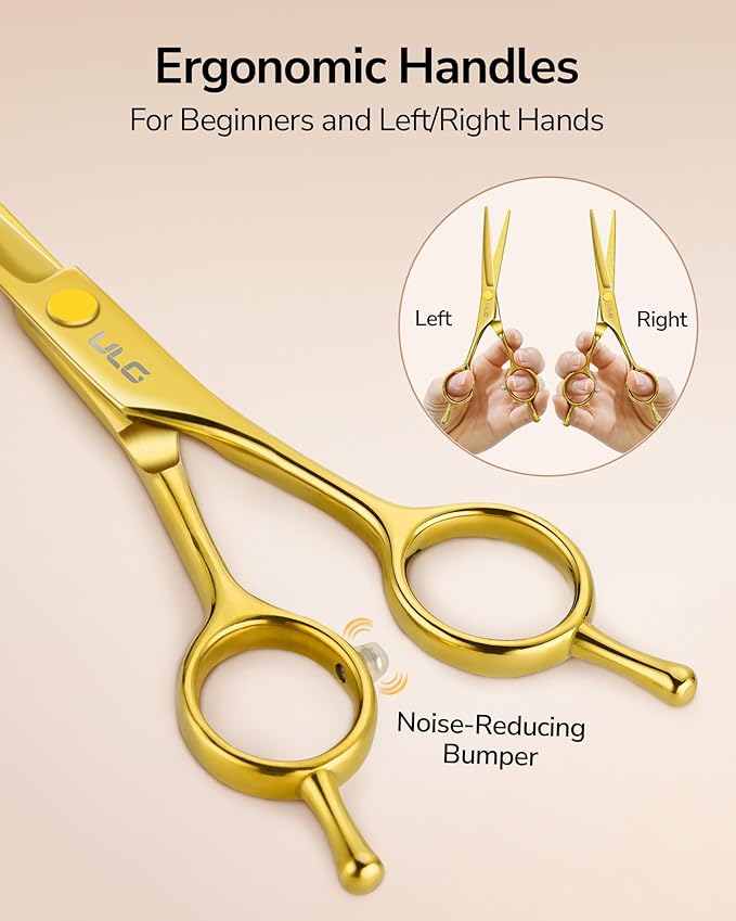 ULG Professional Hair Cutting Scissors Set – 6.5” Japanese Stainless Steel Barber Shears & Thinning Scissors with Comb, Clips & Case – at-Home Salon Haircut Kit Gold