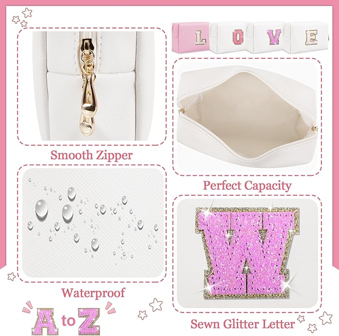 Personalized Initial Letter Patch Makeup Bag, Preppy Glitter Letter Makeup Organizer, Cute Monogrammed Pouch Cosmetic Bag PU Leather Waterproof Travel Toiletry Bag, Gift for Women Teen Girls(Letter W)