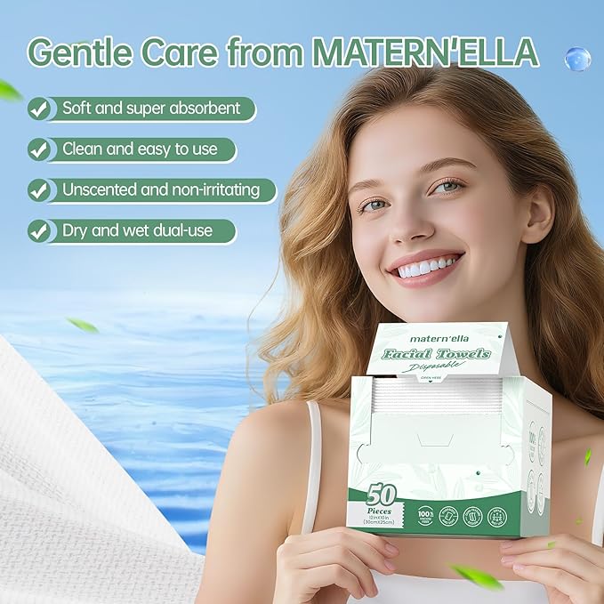 MATERN'ELLA Disposable Face Towels XL Ultra Soft Biodegradable Dry Wipes, Plant-Based Lint-Free Facial Towelettes for Makeup Removal & Sensitive Skin, Premium Texture for Effective Cleansing 2 x 50 Ct
