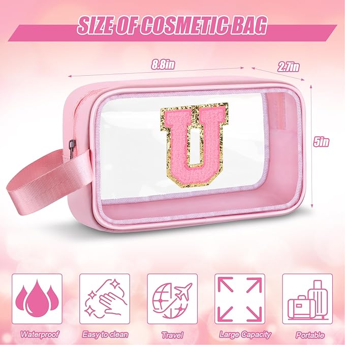Initial Makeup Bag,Letter U Cute Clear Monogrammed Cosmetic Travel Bag for Womens Girls,Personalized Pink Aesthetic Traveling Make Up Organizer Bag for Beach,Waterproof Toiletry Bag