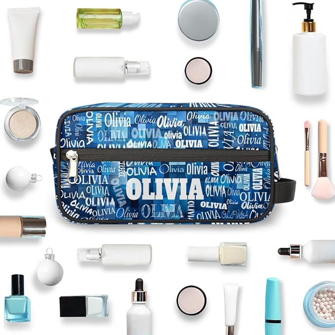 Custom Name Makeup Bag Travel Bag, Toiletry Bag Travel Large Capacity Cosmetic Container Organizer for Shampoo, Blue Geometric Pattern