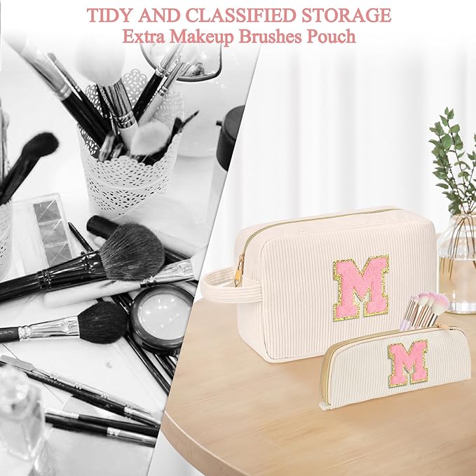 Personalized Initial Makeup Bag Trendy Stuff Corduroy Cosmetic Bag Travel Toiletry Bag, Christmas/Thanksgiving/Halloween Gifts Makeup Organizer Case for Women Girls Mom Girlfriend Wife - White