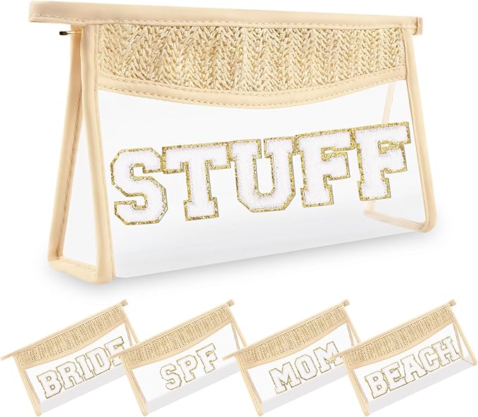 Small Boho Straw Clear Stuff Makeup Bags for Women&Girls, Zipper Cosmetic Bag Chenille Varsity Letter Patch Bag, Preppy Cute Toiletry Pouch, Trendy Organizer Storage Bag for Beach Travel Essentials