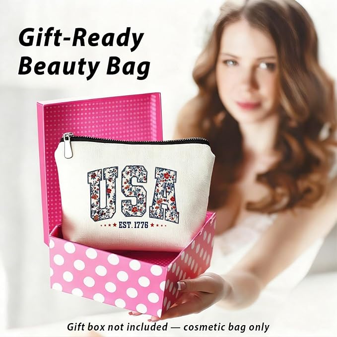 Retro Floral USA 4th of July Makeup Bag, America Patriotic Cosmetic Bags for Women, Red White and Blue USA Toiletry Bag for Women, cosmetic bag, makeup case