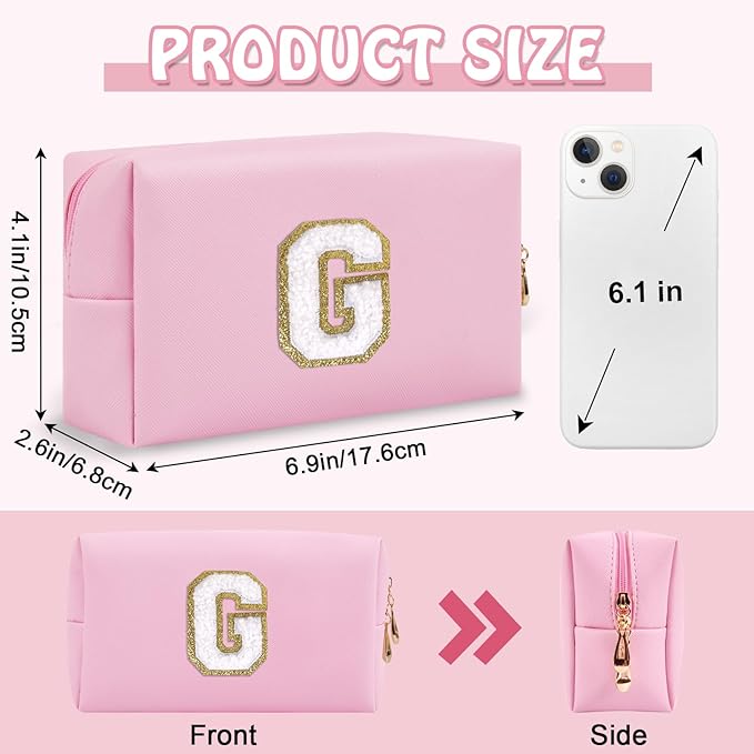 Personalized Initial Preppy Makeup Bag Organizer, Small Travel Cute Pink Cosmetic Bag Toiletry Zipper Pouch, Waterproof PU Leather Monogram Makeup Case Graduation Gift for Teacher Friends(Letter G)