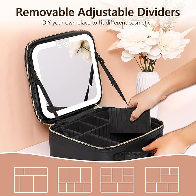Travel Makeup Bag with LED Lighted Make up Case with Mirror 3 Color Setting Cosmetic Makeup Box Organizer Vanity Case for Women Beauty Tools Accessories Case Rechargeable