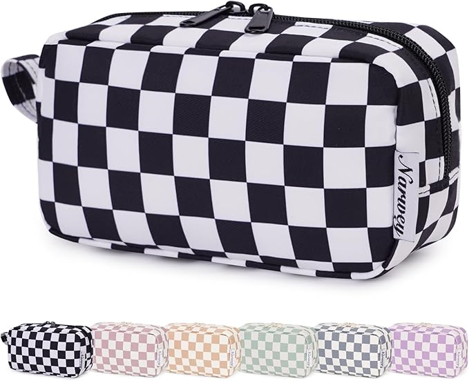 Narwey Small Checkered Makeup Bag for Purse Travel Makeup Pouch Mini Cosmetic Bag Zipper Pouch for Women (Black Checkerboard, Small)