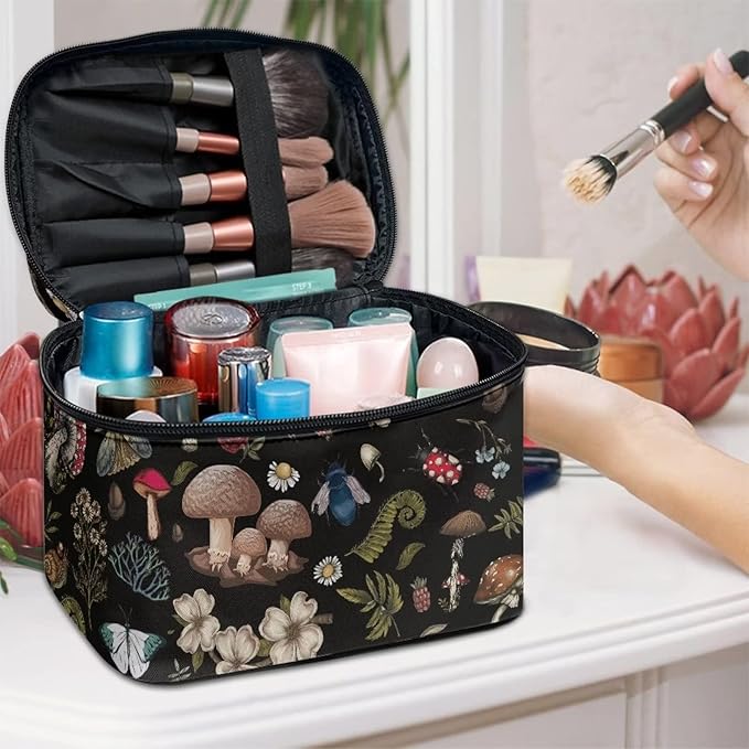 Dark Cottagecore Forest Mystical Moss Mushroom Print Makeup Travel Bag Portable Cosmetic Bags with Handle Travel Accessories Large Toiletry Bags for Traveling Women Organizer and Storage
