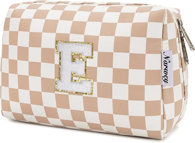 Narwey Birthday Gifts for Women Teen Girls Kids Personalized Initial Checkered Makeup Bag Cute Cosmetic Bag Trendy Stuff 6 8 10 11 12 13 14 16 18 Years Old Travel Toiletry Bag (Brown Letter E)