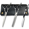 Left Handed Set of Hair Cutting Shears - Saki Kotaro - Made from Japanese 440C Steel - 6 Inch Set Includes Left Hair Scissors, Left Thinning Shears, Razor and Leather Shears Case