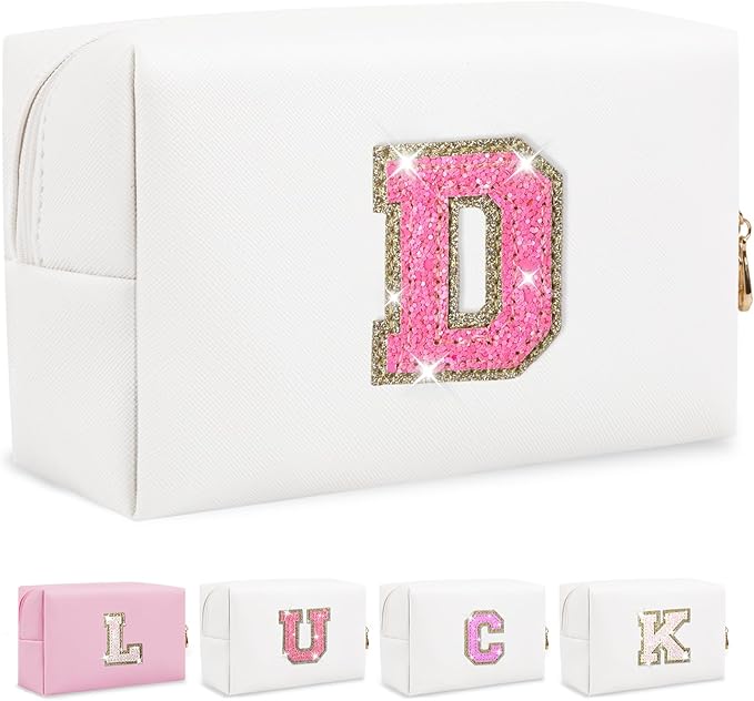Personalized Initial Letter Makeup Bag, Preppy Glitter Letter Patch Cosmetic Pouch Zipper,PU Waterproof Travel Toiletry Bag Cute Makeup Organizer Monogrammed Make Up Bag,Gift for Women Girls(Letter D)