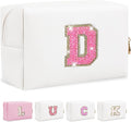 Personalized Initial Letter Makeup Bag, Preppy Glitter Letter Patch Cosmetic Pouch Zipper,PU Waterproof Travel Toiletry Bag Cute Makeup Organizer Monogrammed Make Up Bag,Gift for Women Girls(Letter D)