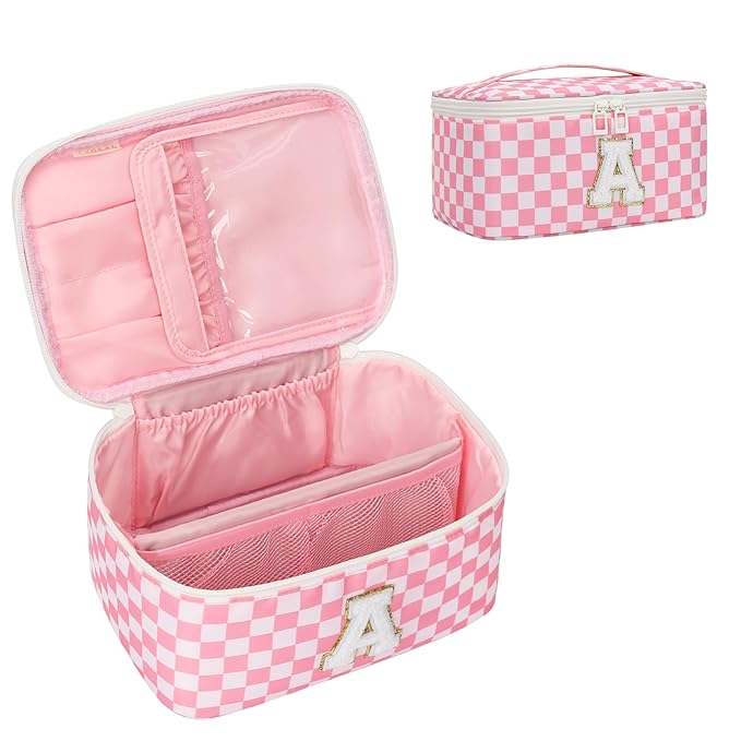 OCHEAL Makeup Bag for Women, Monogram Cosmetic Bag with Brush Holder, Pink Travel Makeup Case Beauty Toiletry Bag Organizer Personalized Gifts for Girls Teens Bridesmaid Sister Wife Friends Initial A