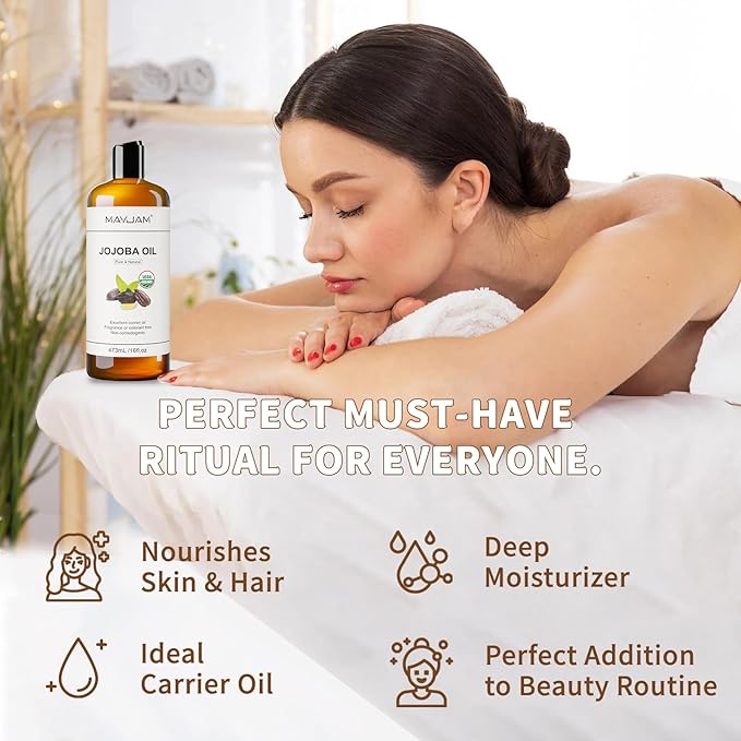 MAYJAM 16 Oz Jojoba Oil for Skin, USDA Certified Cold Pressed Jojoba Oil for Hair, Face, Body, Ear Stretch, Nails,Massage, Deeply Moisturizing, Carrier Oil for Essential Oils Mixing(473ML)