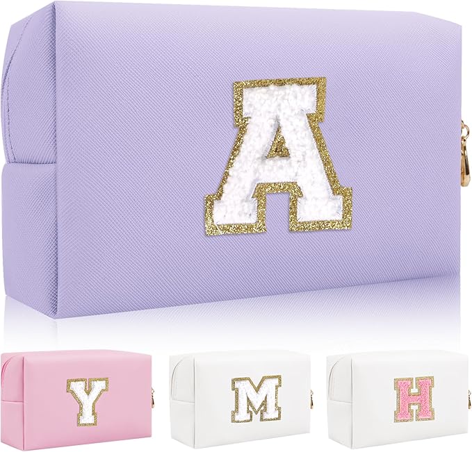 Personalized Initial Letter Patch Makeup Bag, Preppy Small Chenille Cosmetic Bag with Zipper, PU Leather Waterproof Travel Toiletry Bag Monogram Make Up Pouch for Women Girls