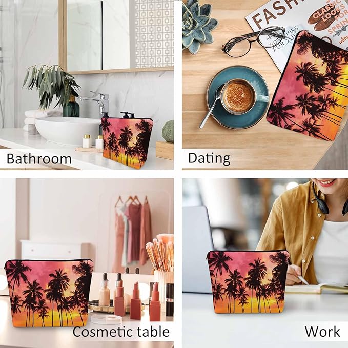 Tropical Beach Makeup Bags Makeup Organizer, Hawaii Ocean Beach Palm Trees Sunset Flax Toiletry Bags Travel Cosmetic Bag Makeup Purse Pouch Skincare Bag Wallet Bags For Women Female Mom