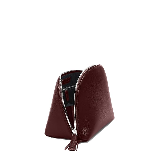 Leatherology Bordeaux Clamshell Makeup Bag – Leather Cosmetic Bag with Waterproof Lining, Interior Zip Pocket & Double Tassel Zip Closure for Travel or Vanity Organization