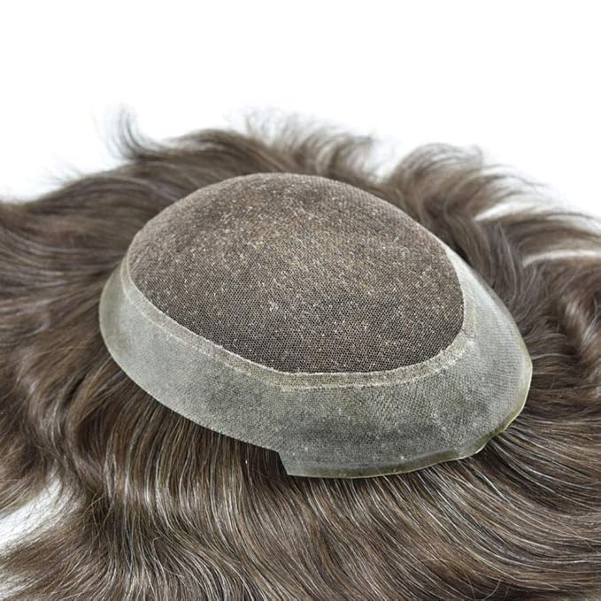 FACE MIRACLE Toupee for Men French Lace Hairpiece Human Hair Replacement System Skin PU Mens Toupee Hair Wigs for Man V-Looped Front Hair Prosthesis 8"X10" #440 4# MEDIUM BROWN WITH 40% SYNTHETIC GREY