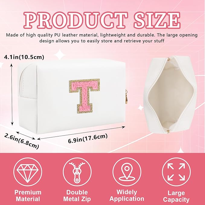 Personalized Initial Letter Patch Makeup Bag, Preppy Portable Chenille Letter Cosmetic Bag with Zipper, PU Leather Waterproof Travel Toiletry Bag Monogram Make Up Pouch for Women Girls(Letter T)
