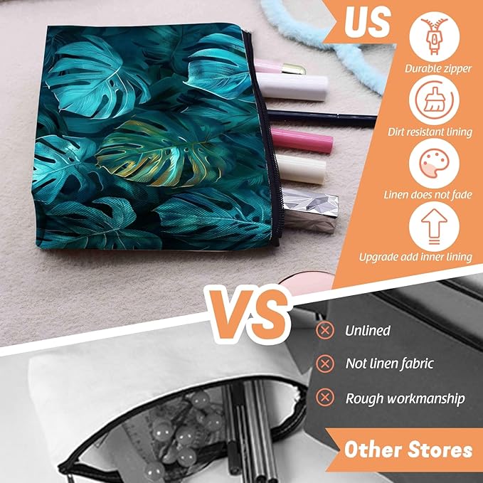 Cosmetic Bags Travel Makeup Toilet Case Waterproof Pouch for Women Girls 6.7X9.45inches - Tropical Monstera Leaves in A Deep Teal Hue