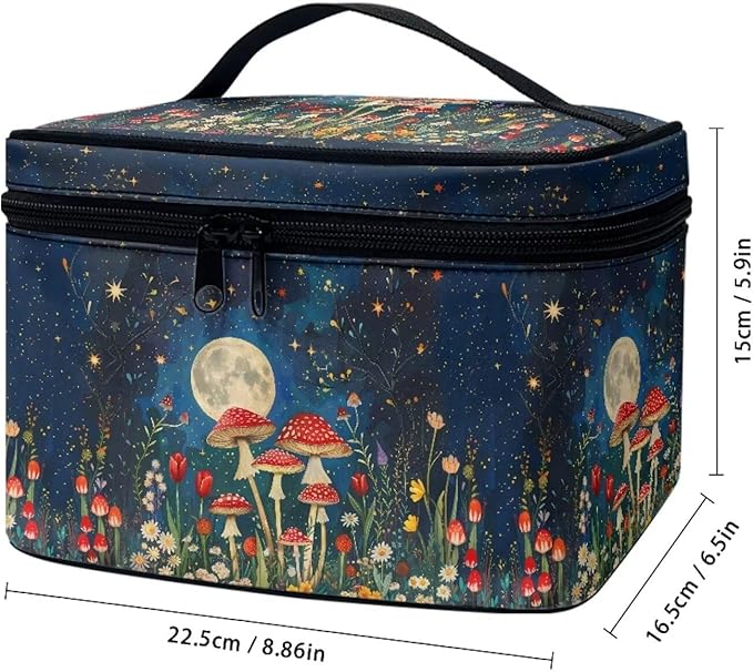 Vintage Mushroom Moon Starry Night Print Makeup Bag for Women Ladies Portable Cosmetic Bag with Zipper and Carry Handle Make Up Tote Bags Toiletry Case Organizer