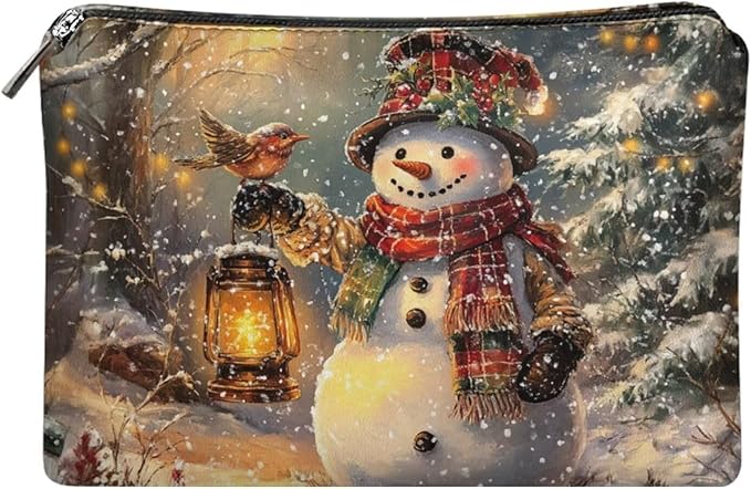 COEQINE Lip Balm Pouch,Snowman Purses for Women Leather Makeup Bag Travel Toiletry Bag with Zipper Travel Essentials Toiletries Accessories Brushes Costume Bags for Holiday Christmas Gifts