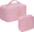 Travel Makeup Bag for Women, 2Pcs Portable Personalized Initial Makeup Organizer Bag, Open Flat Large Cosmetic Bag With Travel Essential Pouch (Pink Letter G)