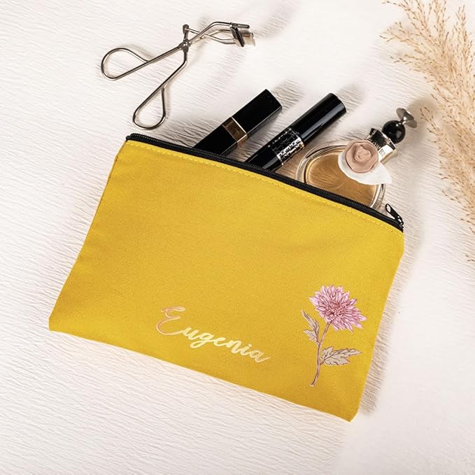 Custom Name Makeup Bag Personalized Name Birth Flower Small Cosmetic Bag Birthday Gifts For Women Mother Bridesmaid Size 7.9×5.5INCH