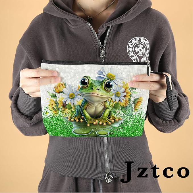 Jztco Cute Frog Makeup Bag Frog Gifts Frog Themed Gifts for Women Animal Lover Her Mom Wife Best Friend Aunt Niece BFF Toiletry Bag Mothers Day Graduation Birthday Gifts Daisy Flower Cosmetic Bag