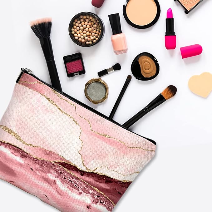 Cute Makeup Bag for Purse Canvas Waterproof Funny Cosmetic Bags for Women Zipper Travel Toiletry Pouch-Pink Marble Makeup Bags