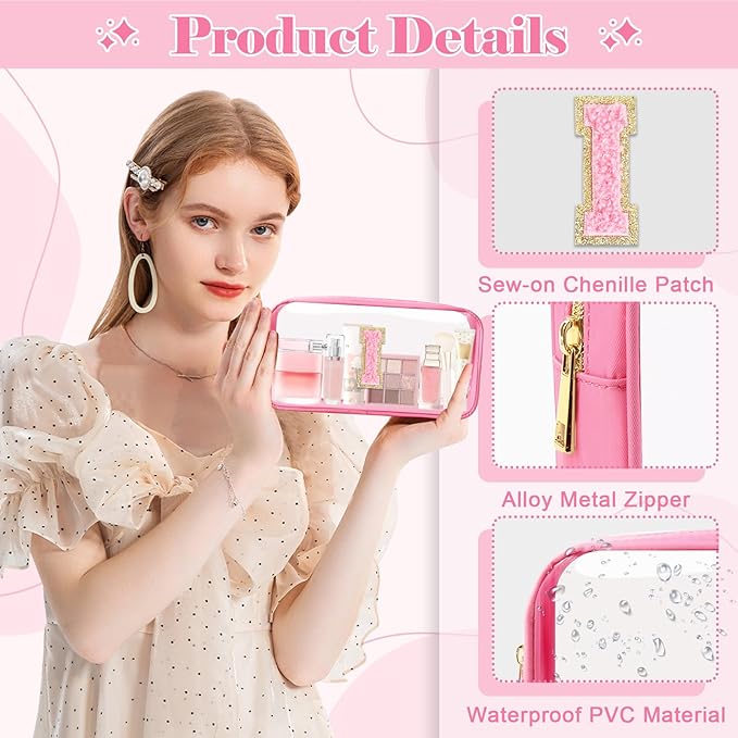 Personalized Initial Letter Clear Makeup Bag,Preppy Small Nylon&PVC Cosmetic Zipper Bag with Chenille Letter,Portable Beach Travel Skincare Toiletry Bag,Trendy Monogram Gift for Teen Girls Women,I