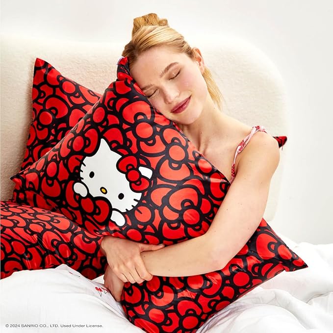 Kitsch x Hello Kitty Sea of Bows - Satin Pillowcase with Zipper for Hair and Skin, Softer Than Silk, Smooth Cooling Pillow Covers, Machine Washable, King Size (19x36)