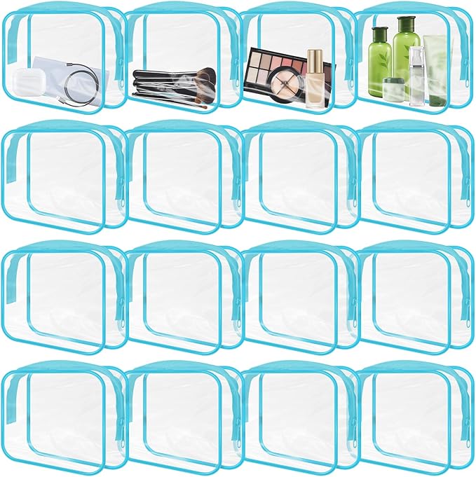 16 Pieces Clear Makeup Bags Bulk, TSA Approved Toiletry Bags Travel Pouch, Waterproof PVC Plastic Small Clear Cosmetic Bags with Zipper for Organizing (Blue Border)