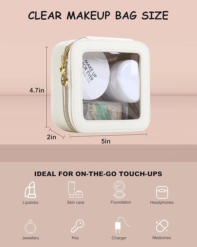 Small Clear Makeup Bag for Purse, Cute Mini Clear Cosmetic Bag Case Organizer, TSA Approved Square Small Makeup Case Pouch with Zipper, Car Travel Purse Essentials for Women (White, S)