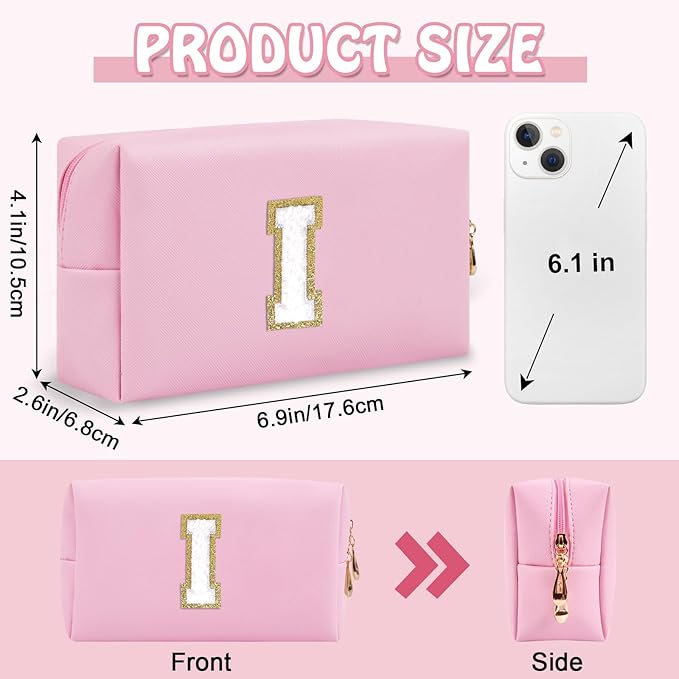 Personalized Small Travel Preppy Makeup Bag, Initial Cute Pink Chenille Letter Cosmetic Organizer Toiletry Pouch, Waterproof Portable PU Monogram Make Up Bag Case Gift for Women Friends Her(Letter I)